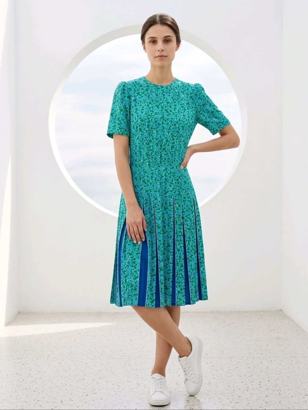 Petites for Maggy Vintage Green and Blue Floral Dress Pleated Skirt
